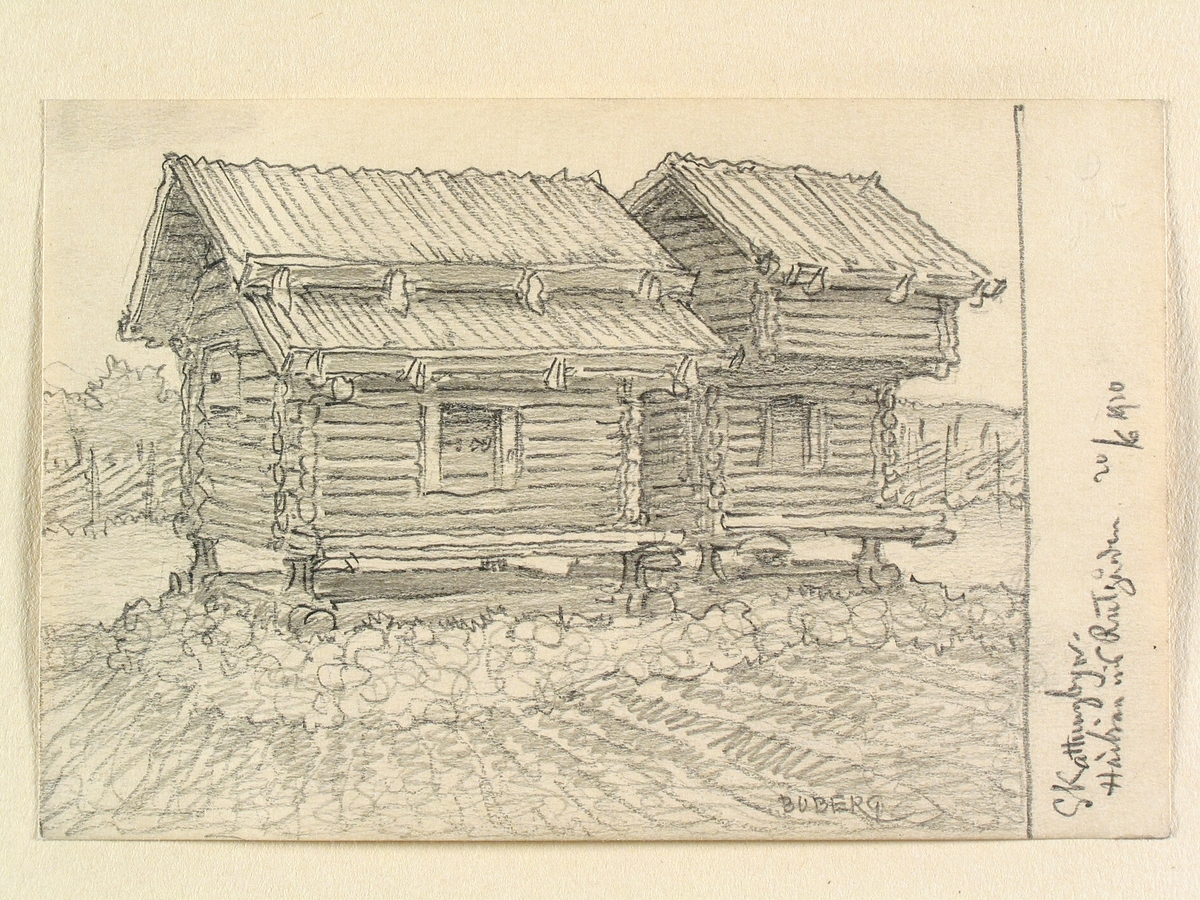 Dalarna, Orsa sn., Skattungbyn. Härbren vid Rutgården. Teckning av Ferdinand Boberg