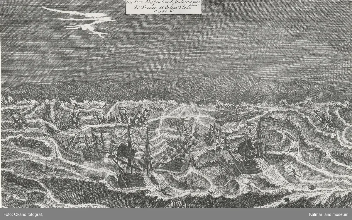 Teckning över skeppsbrott i oväder. "Det Store Skibbrud ved Gulland paa K: Freder: II Orlogs Flode 1566."
