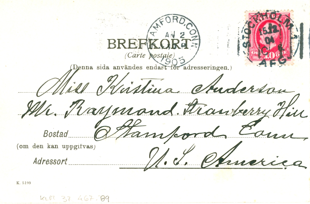 Ett svart/vitt vykort till Kristina Andersson, Stamford, Connecticut, USA. Det är skrivet av Edvard Nilsson i Böda.