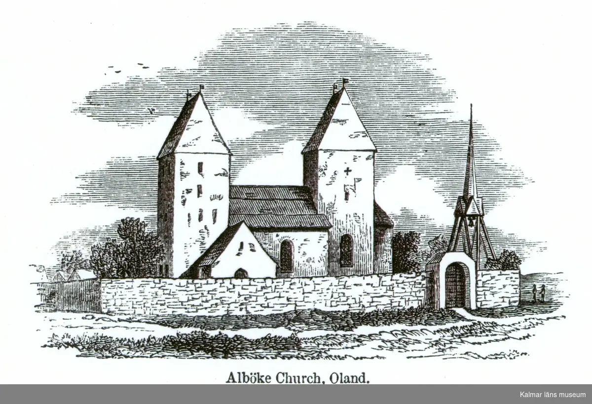 Teckning av gamla Alböke kyrka.