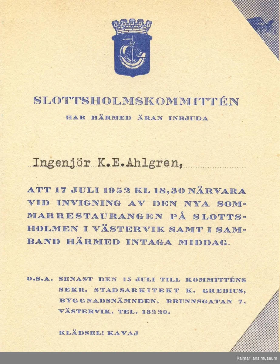 Inbjudningskort tillställt ingenjör K.E. Ahlgren med anledning av den nya restaurang Slottsholmen.