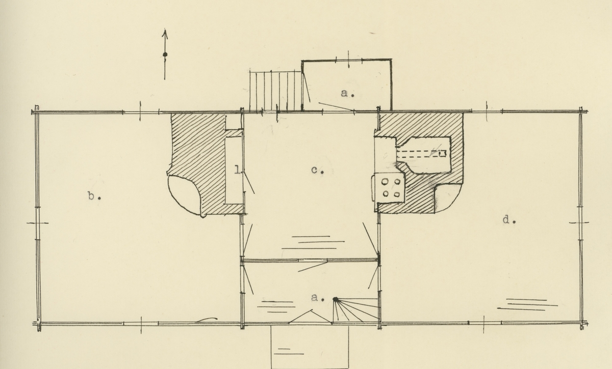 Plan av stuga i Långeruda (två våningar). a. Förstuga b. Stuga c. Kök (tidigare delat; två spisar) 1. Gammal spis förbyggd med brädvägg. d. Rum.