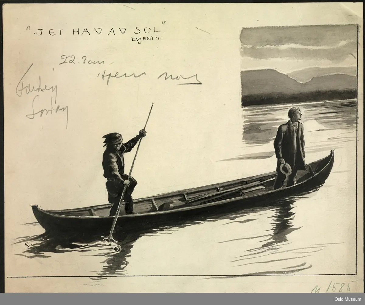 To menn i båt, en med samiske klær, en med frakk og hatt.