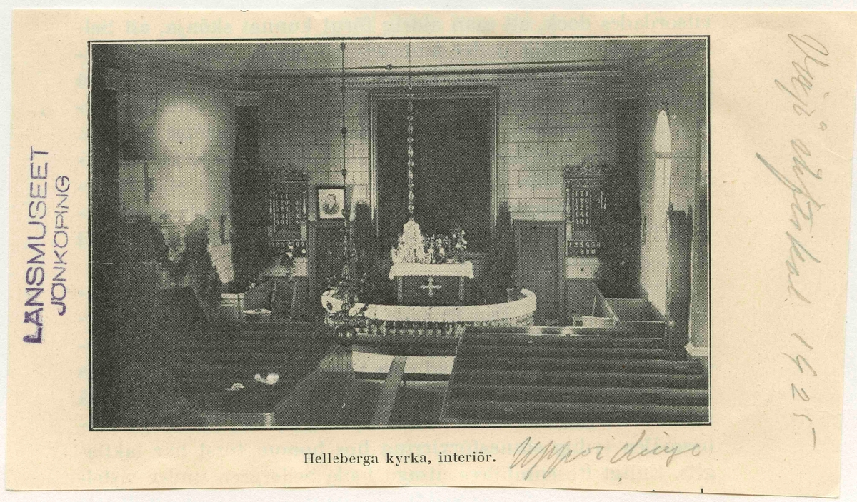 Interiör från Hälleberga kyrka.

Ur Växjö stiftskatalog 1925.