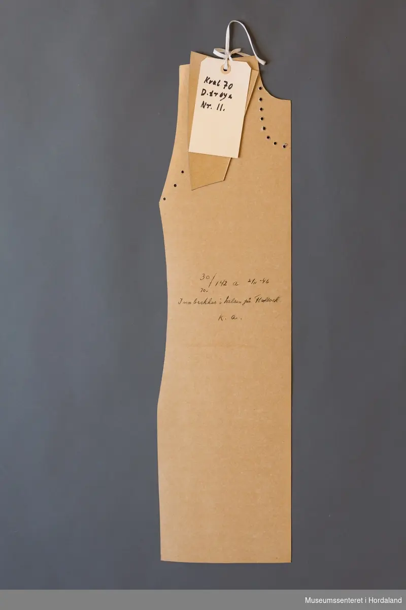 Mønsterskantar i papp, brukt til å skjere ut ulike delar av plagg i klesproduksjon. Desse er til ein dametrøye i kvalitet 70, nr. 11.