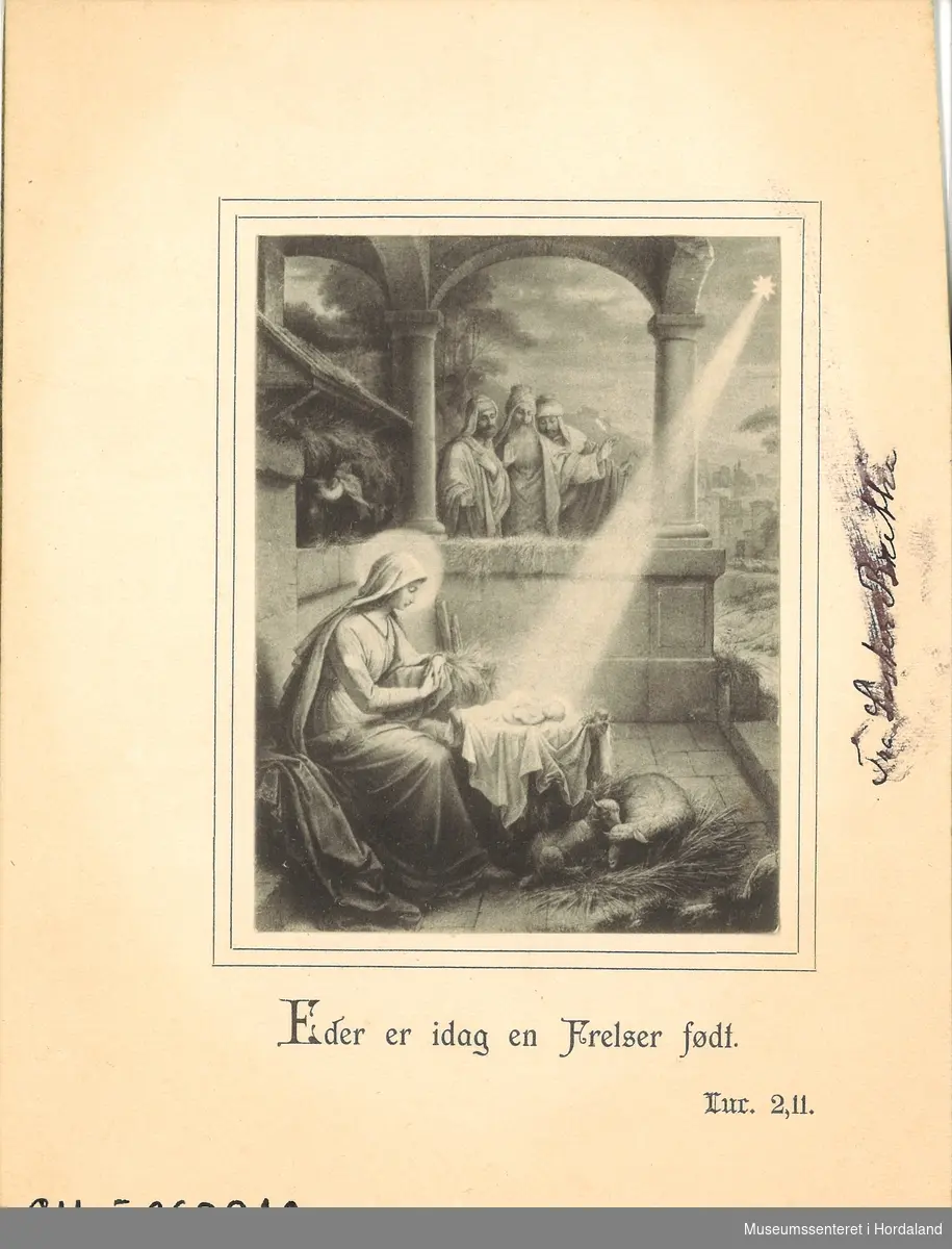 malt motiv av jomfru Maria med barnet i ei lysstråle med sauer og vise menn bak søyler
