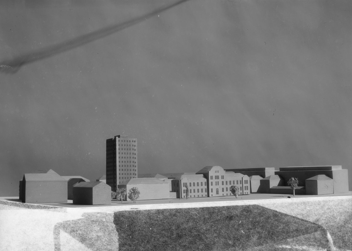 Modell av området rundt E.C. Dahls stiftelse med det planlagte punkthuset