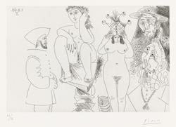 To kvinner, hvorav en på skammel, en ugle, Don Quijote, en h