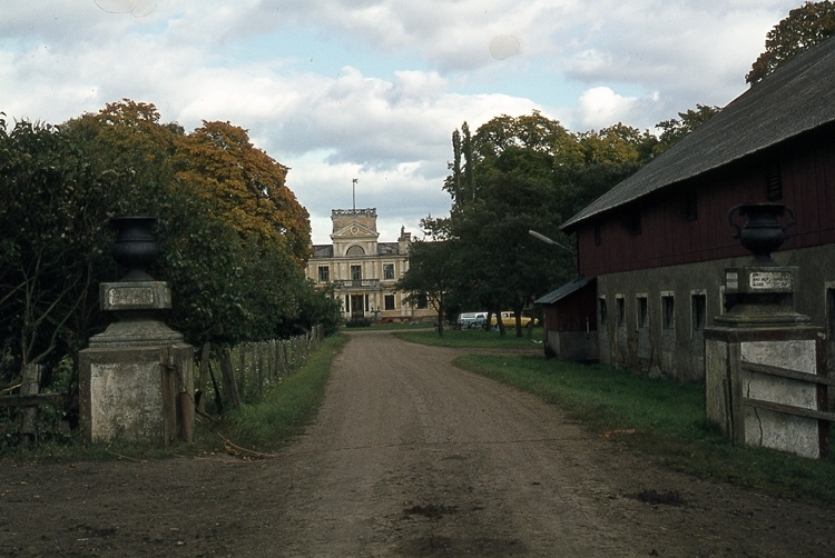Portstolpar på Dagsnäs med slottet i bakgrunden.