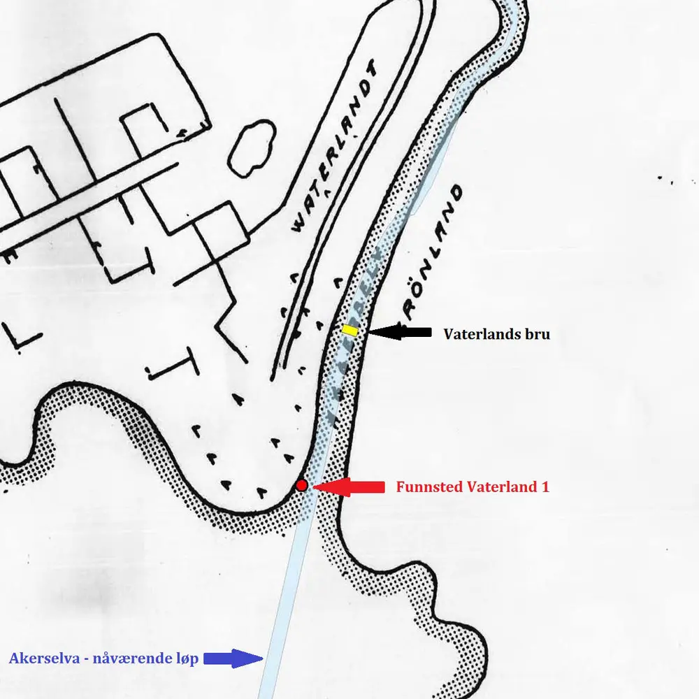 Kart over indre Oslo havn fra 1600-tallet som viser hvor Vaterland 1 ble funnet, Akerselvas nåværende løp og Vaterlands bru.