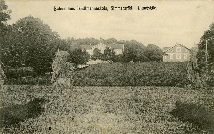 Enligt Bengt Lundins noteringar: "Bohus läns Landtmannaskola Simmersröd. Huset till höger användes under 20-talet till allmän folkskola. Ljungskile".