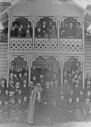 Bryllup, gruppebilde, personer, klær, bygning.