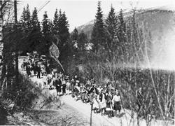 Personer, faner, flagg, naturforhold. 
17. mai-tog i Brydal