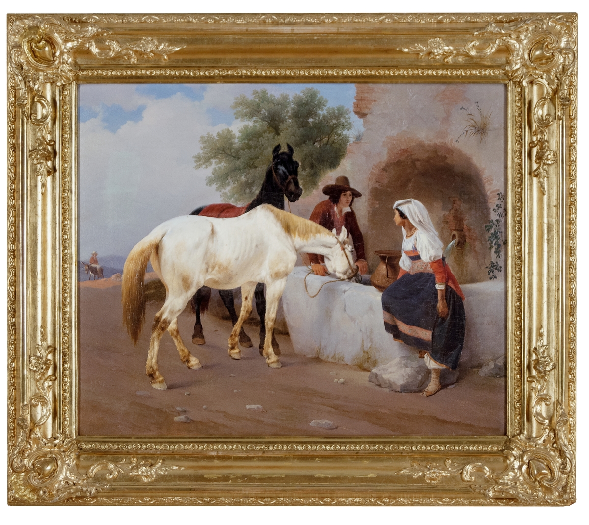 En man vattnar en vit och en svart häst  vid en brunn. En kvinna i folklig dräkt med kopparspann sitter på brunnskarets kant. Fonden ljust molnig himmel. Förgylld ram.