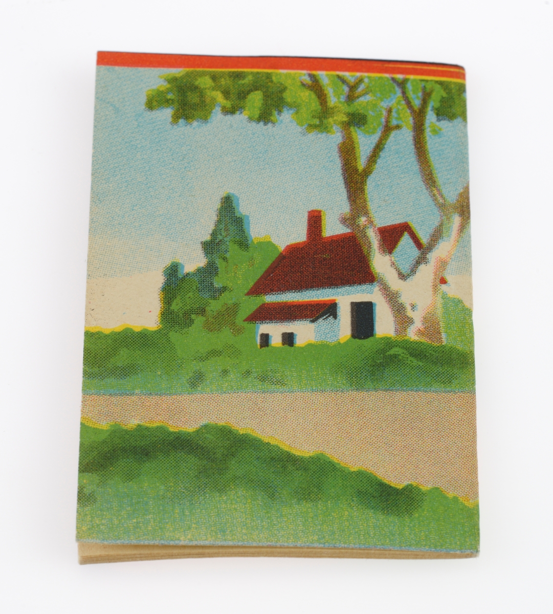 En liten kladdebok/skrivebok det ikke er skrevet noe i. Boken er innbundet ved at det er sydd i ryggen. Arkene i boken er gulnet. For- og baksiden utgjør et bilde av en gutt som tar bilde av en sittende hund. I bakgrunnen er det et hus med hage, hekk og trær.