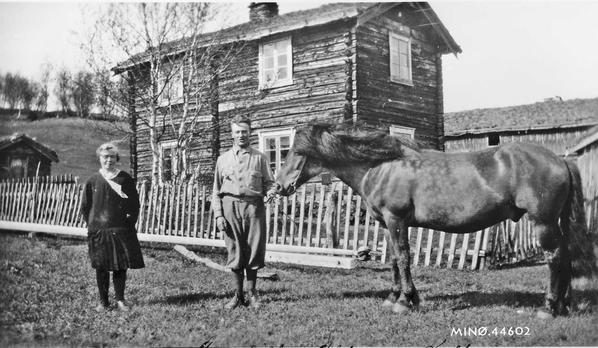 Mann og kvinne, hest, foran bolighus