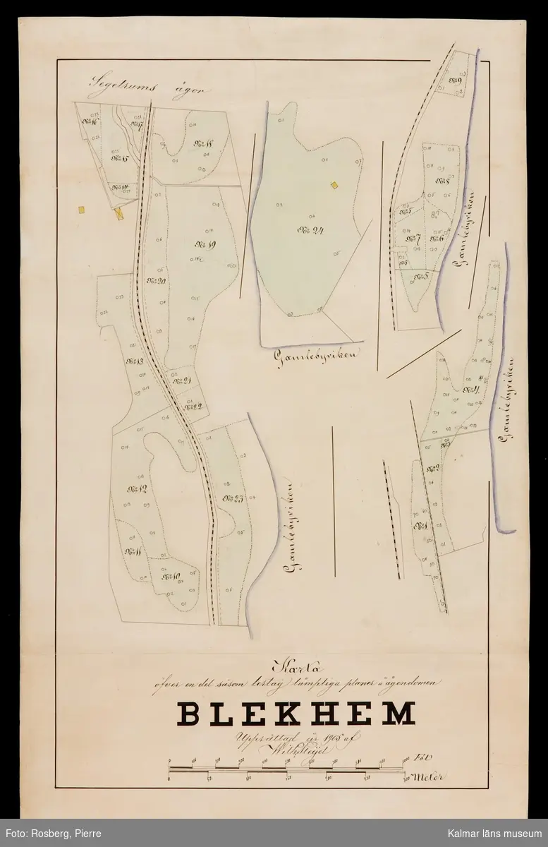KLM 44604:7. Karta, av papper. Karta över lertag för Almviks tegelbruk. Karta öfver en del såsom lertag lämpliga planer å ägendomen Blekhem. Upprättad år 1905 af Wilh. Pleijel.