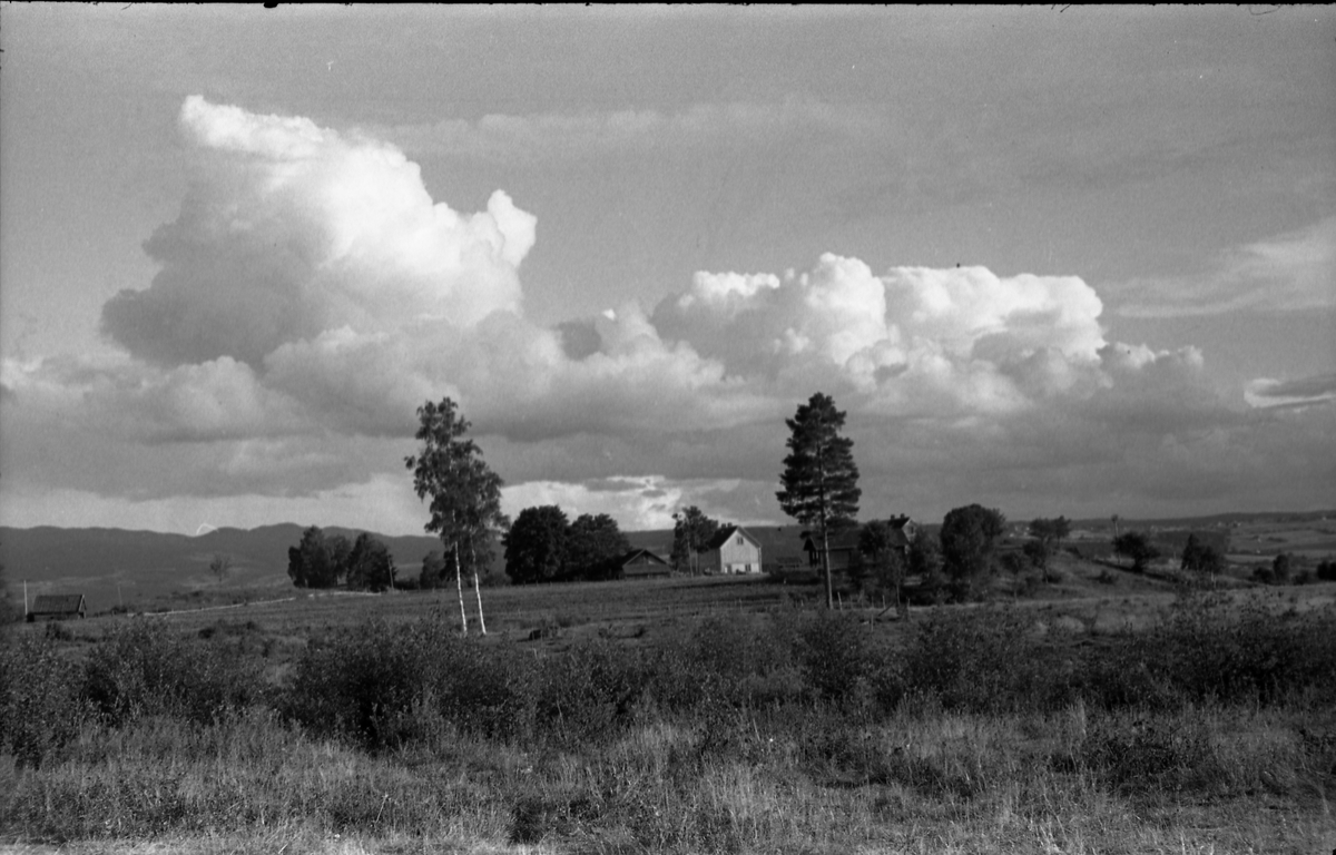 Landskap nordfra mot gården Gile, Østre Toten. Fem bilder.