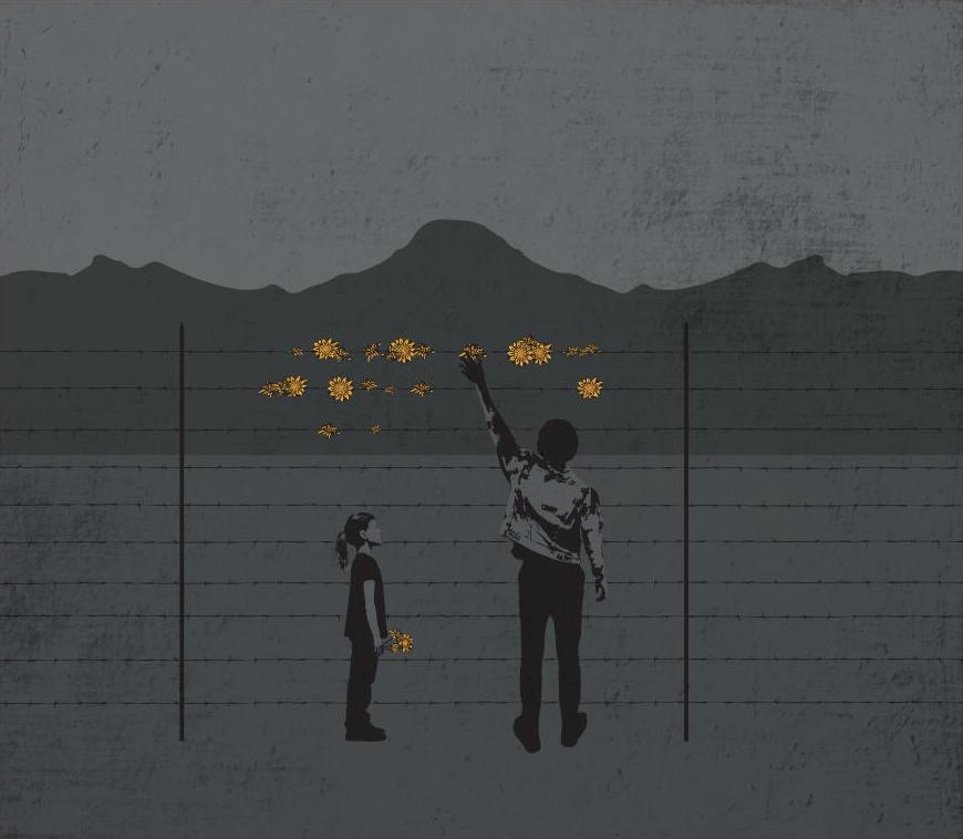 Illustrasjon av to flyktninger som fester gule blomster på et piggtrådgjerde.