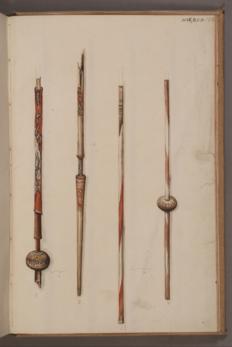 Avbildning i gouache föreställande stänger tagna som troféer av svenska armén. De avbildade stängerna finns inte bevarade i Armémuseums samling.