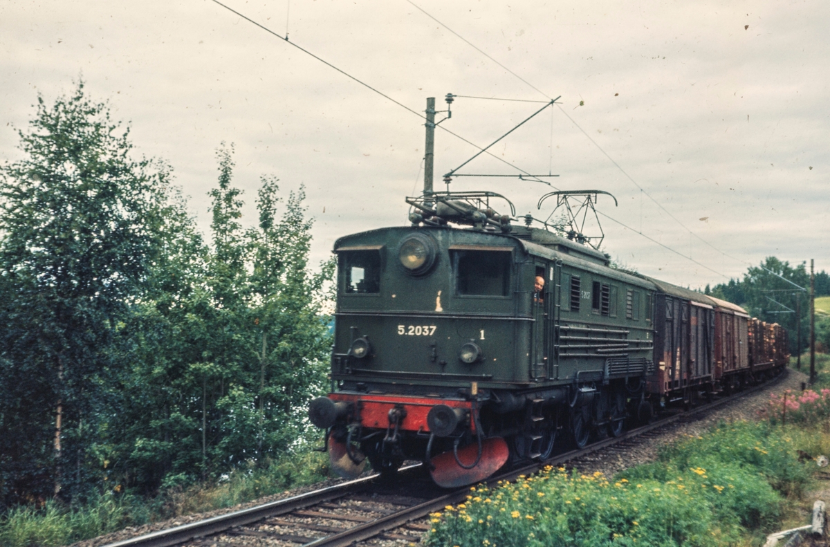 Godstog fra Kongsvinger til Oslo passerer ved Bingsfoss mellom Blaker og Sørumsand. Toget trekkes av elektrisk lokomotiv El 5 2037.