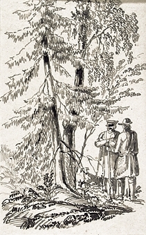 Två män i samtal vid träd, troligen jägare. Oinramad och osignerad.
Enligt uppgift är motivet från Kinnekulle.