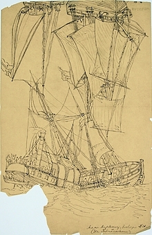 Bilden föreställer skisser av tre stycken segelfartyg, en rättvänd och två mindre upp och ned på pappret.
Hela pappret trasigt.