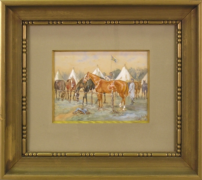 Enl. Liggaren: "Akvarell, från Axvall, med hästar och tält. Signerad: J. Arsenius. 194 Inramad i mörk guldram. Storlek: 54.5 x 48.3 cm."