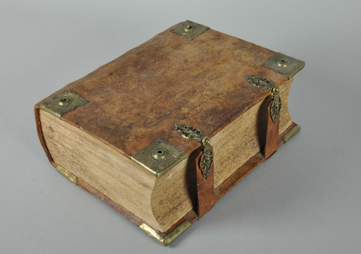 Bok fra 1733 med bokomslag av brunt skinn og festereimer. Omslaget har dekorative beslag av messing. Beslagene er i hjørnene og ved festereimene. 636 sider.