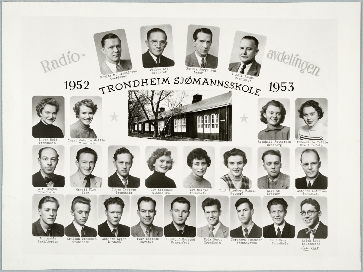 Klassebilde av elever og lærere ved Radioavdelingen ved Trondheim Sjømannskole 1952-53. Skolebygningen sentralt i motivet.