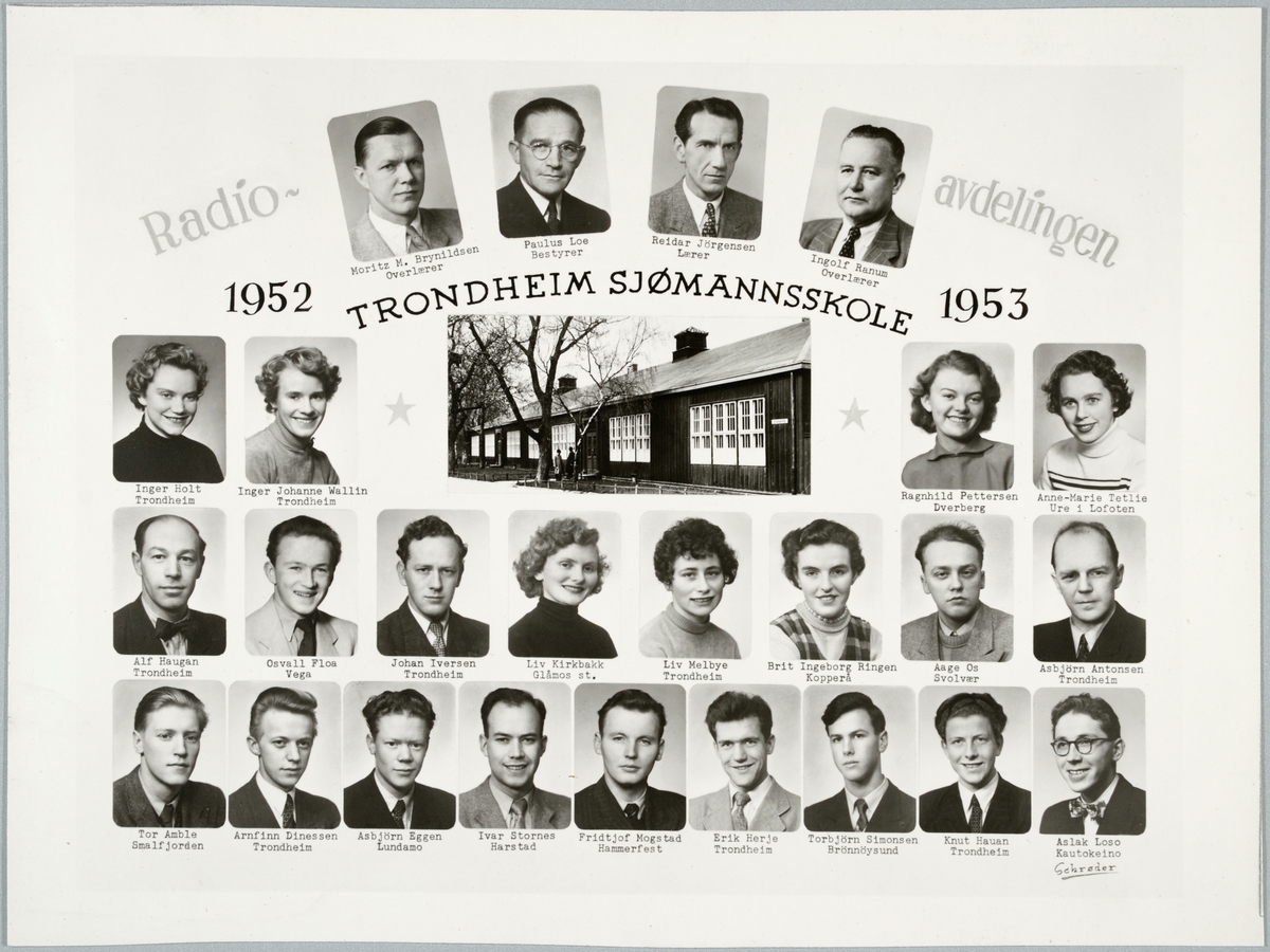 Klassebilde av elever og lærere ved Radioavdelingen ved Trondheim Sjømannskole 1952-53. Skolebygningen sentralt i motivet.