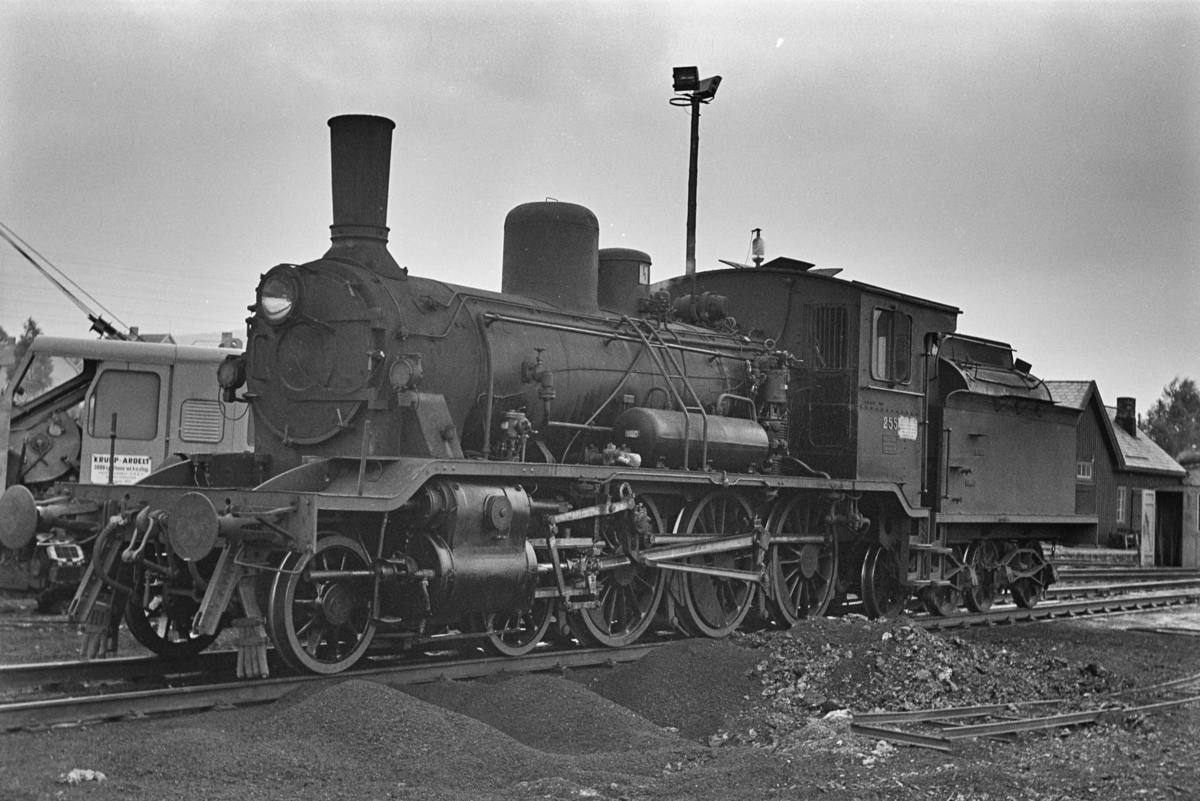 Damplokomotiv type 18c nr. 255 ved lokomotivstallen på Grong stasjon.