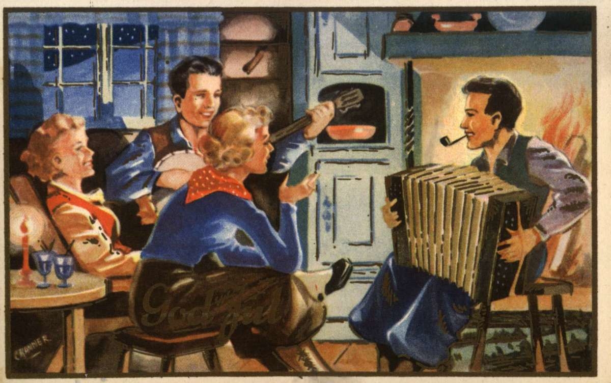 Postkort. Ubrukt. Interiør. To par på hytte. Mennene med instrumenter. Illustrert av Birger Cranner.