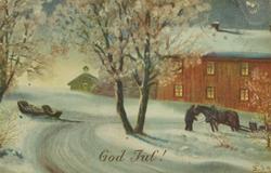 Julekort. Jule-og nyttårshilsen. Mann med hest utenfor en gå