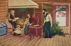 Julekort. Jule-og nyttårshilsen. Mann med juletre i døråpnin