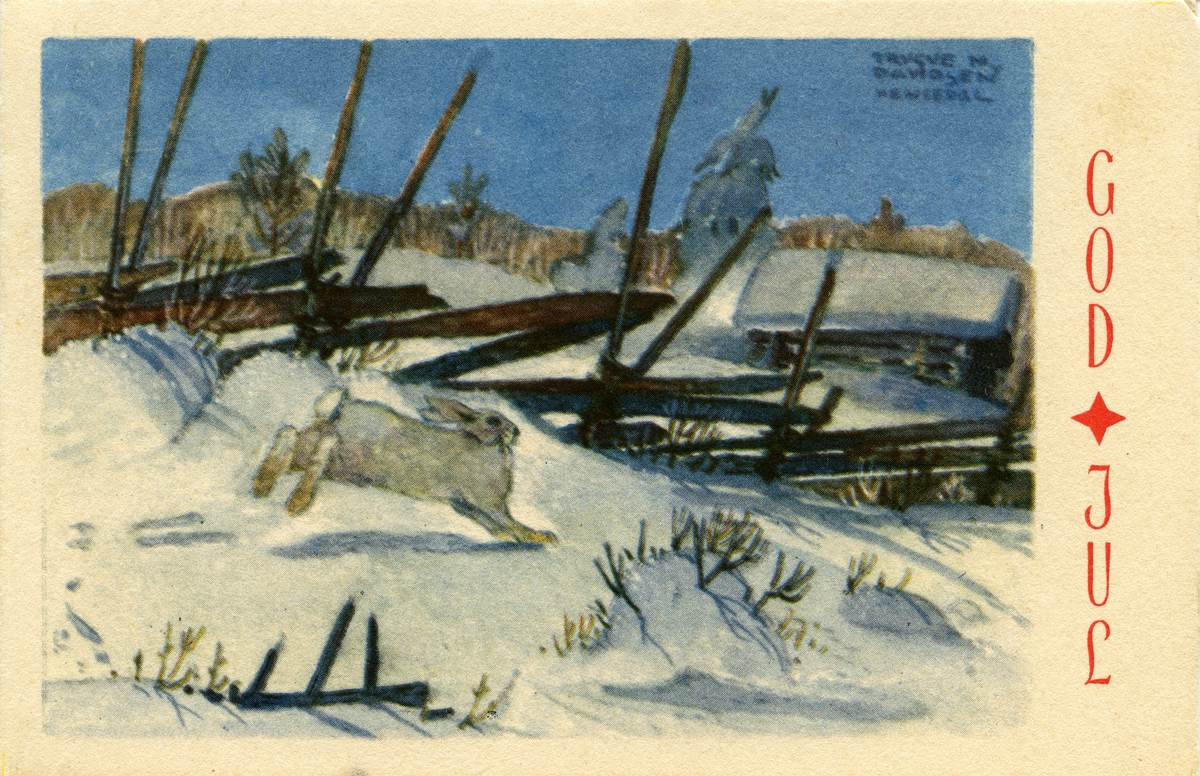 Julekort. Ubrukt. En hare setter spor i snøen forbi en skigard, en hytten ligger bakenfor. "Hemsedal", illustrert av Trygve M. Davidsen,