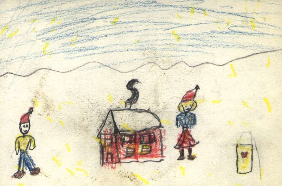 Julekort. Jule- og nyttårshilsen. Tegninger. Vintermotiv.
Barn utenfor hus.