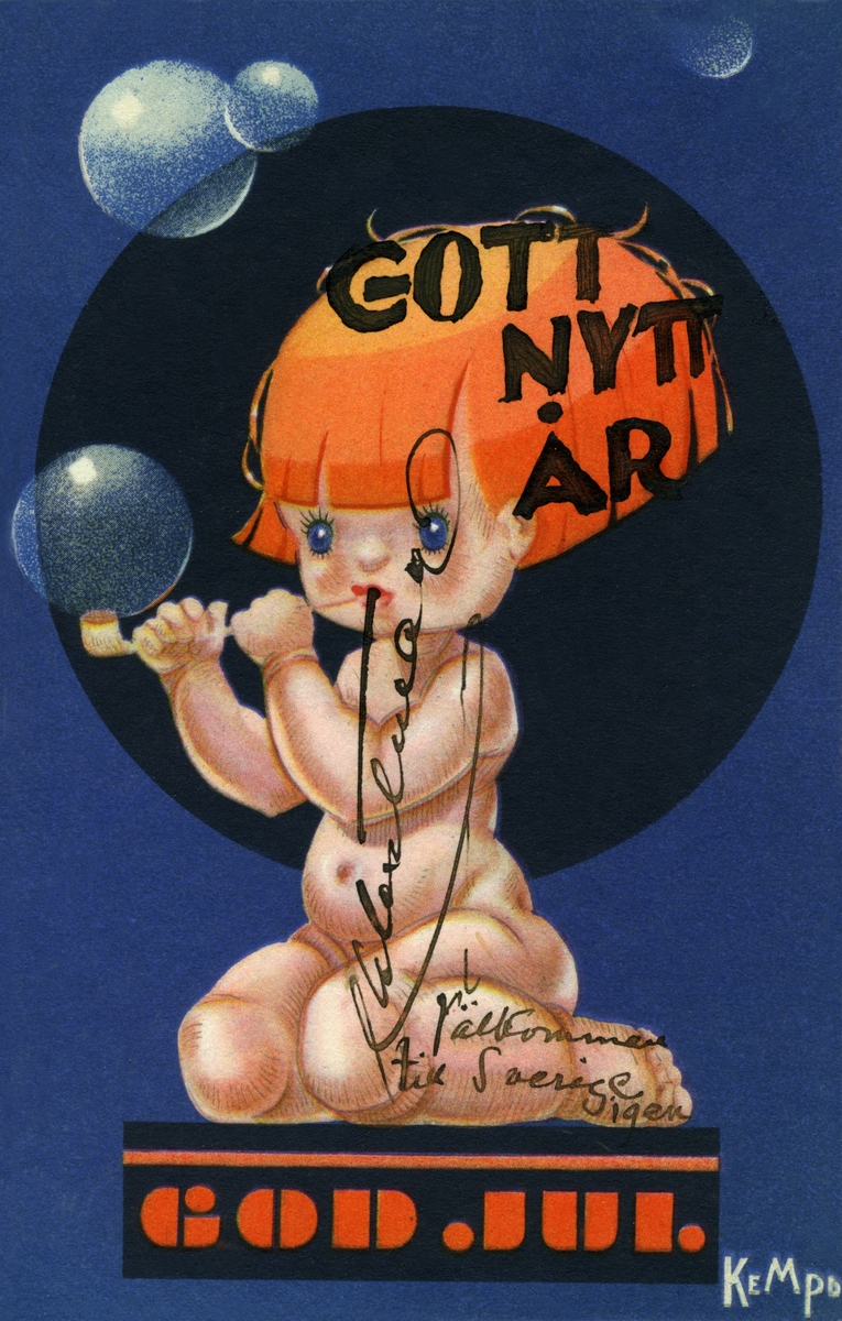 Jule- og nyttårskort. Liten rødhåret jente blåser såpebobler. Stemplet 22.12.1933.