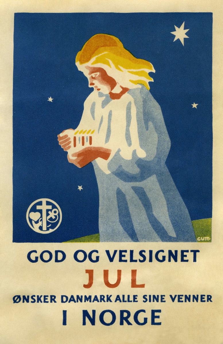Julekort. Julehilsen. Tegning. En hvitkledd dame holder en lysestake med lys. Tekst på kortet "God og velsignet Jul ønsker Danmark alle sine venner i Norge".