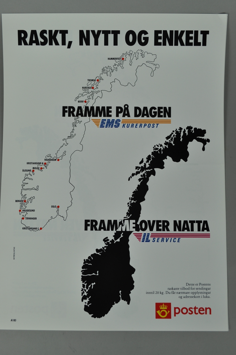 Rektanguær plakat med bilde av et norgeskart.Lys bakgrunn.