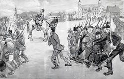 Karikatur av den norske hær defilerer på Festningsplassen [K