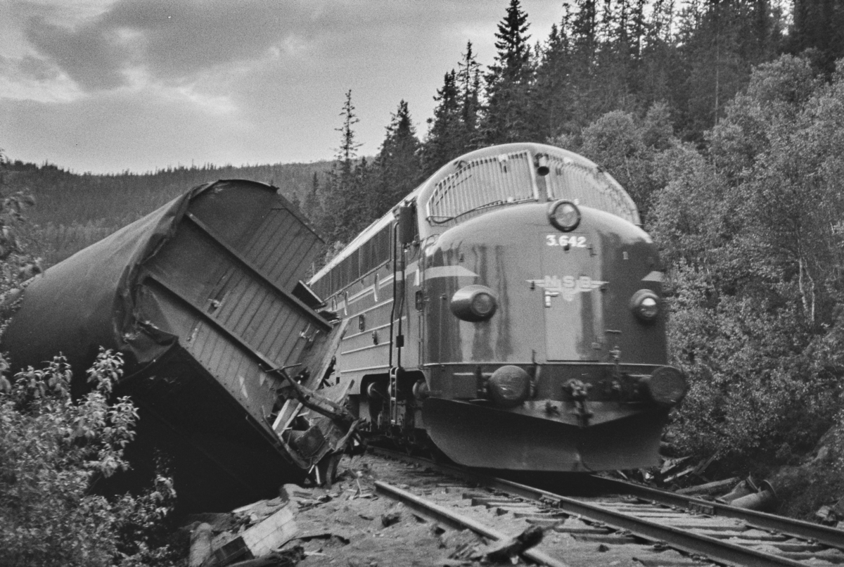 Avsporing mellom Stensli og Haltdalen stasjoner på Rørosbanen 16.06.1965. Et damplokomotiv type 63a nr. 5113 og to godsvogner sporet av. Damplokomotivet veltet og ble hugget på stedet. Et ordinært tog passerer.