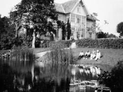 Ungdommer på plen foran villa. Vann, tjern, vannliljer. Ikke