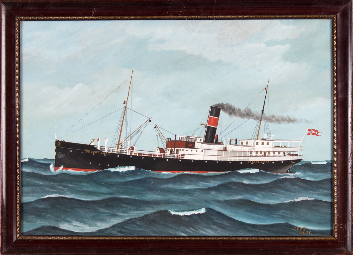 Skipsportrett av DS ERLING JARL, på åpent hav. Store bølger. Skipet har to master og norsk flagg akter.