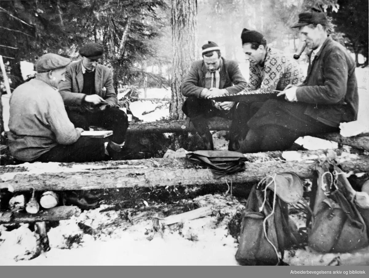 Tømmerhoggere på Scheelsmarka, Hov i Land tar en rast ca. 1950.