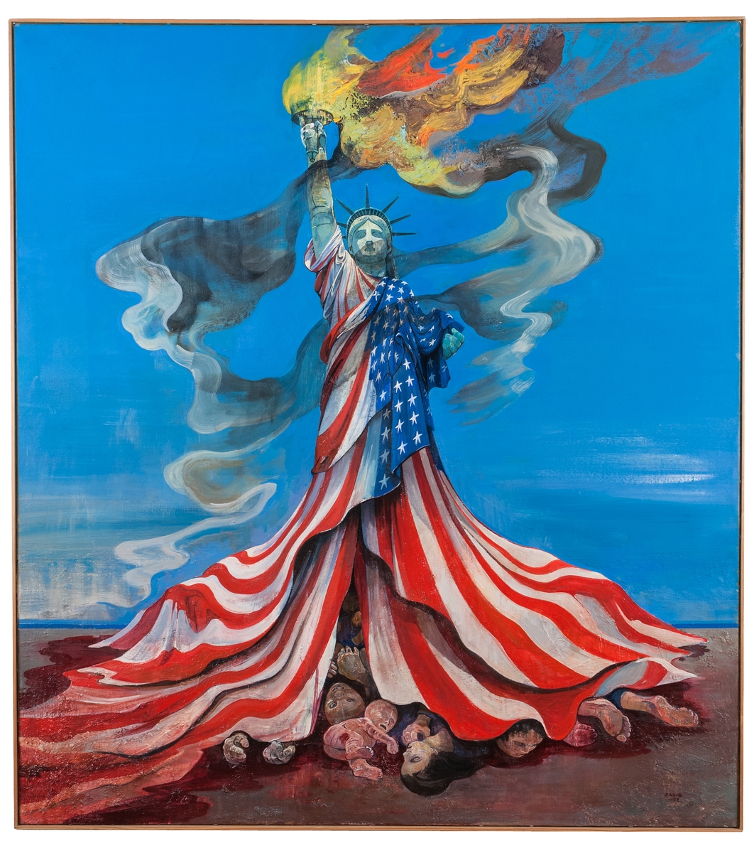 I målningen"Lady be Good" har symbolen för fred och frihet, Frihetsgudinnan vid New Yorks hamninlopp, draperats med amerikanska flaggan som nere vid marken försöker dölja en mängd döda människor. Den brinnande facklan osar svart och olycksbådande mot den klara blå himlen. Konstnären Zadig sällar sig här till de konstnärer världen över som är starkt kritiska till USA:s fortsatta krigsföring i Vietnam.
Tunn omålad listram av trä, troligen originalram.