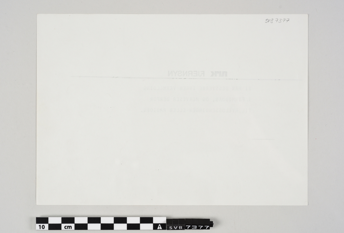 Rektangulært papirark med trykt tekst på den ene siden.