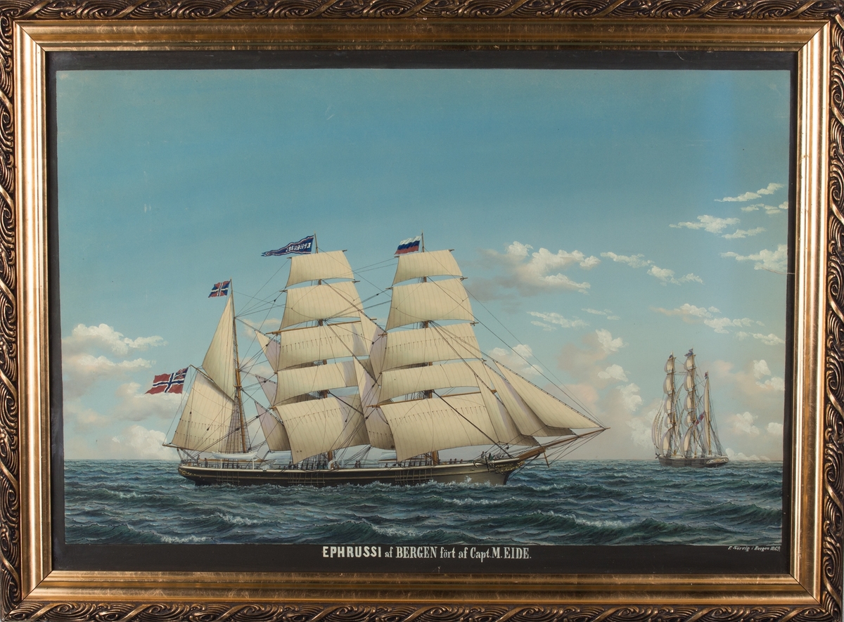 Skipsportrett av bark EPHRUSSI for fulle seil. Skipet har vimpel i stormasten med skipet navn, og russisk flagg i formasten. Mindre versjon av samme skip sees fra akter.