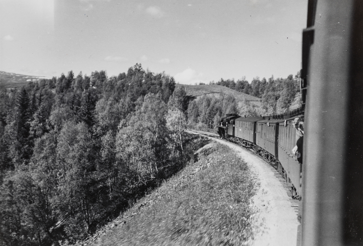 Nordgående dagtog på Rørosbanen ved Råen, mellom Rugldalen og Reitan.