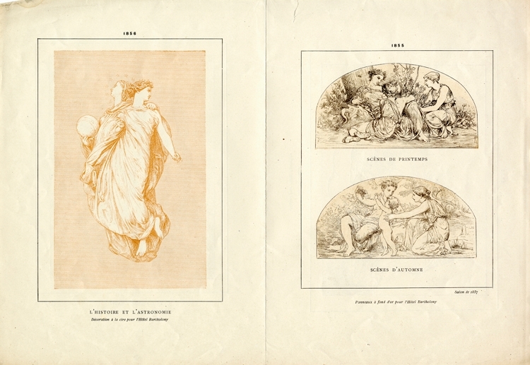 Litografi.
Tre olika bilder (allegoriska) med förslag till dekoration av Hotel Bartholony,
m.m.
Text på franska: "...Salon de 1857".